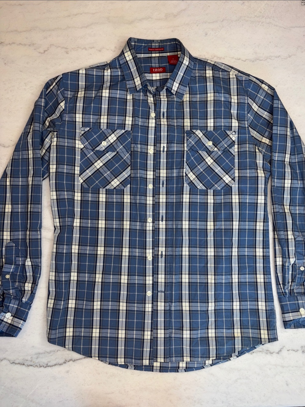 IZOD Men's Blue Slim Fit Plaid Button-Up Shirt Flannel Long Sleeve Medium